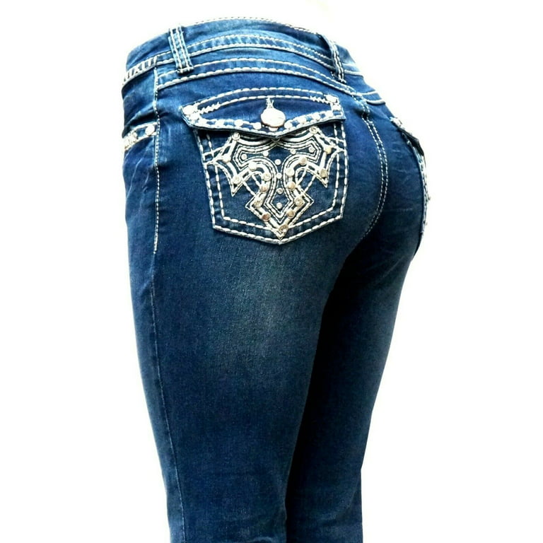 Jack David Women's Rhinestone Mid Rise Bootcut Stretchy Denim Jeans Pants  (Bootcut Blue 3526bt) 