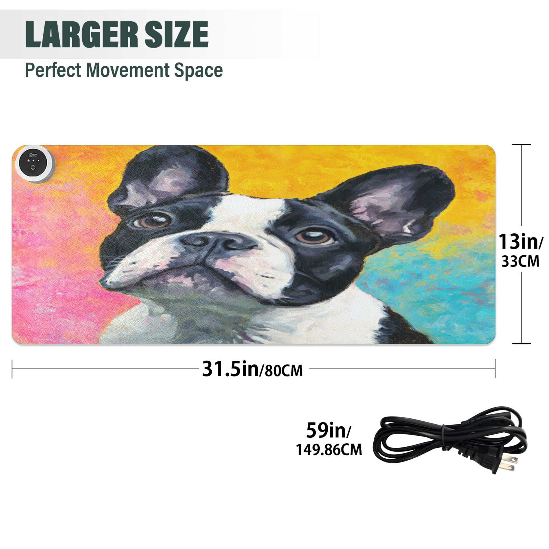 Large Heated Desk Mat Mouse Pad 31.5"x13"PU Leather Graphene Heating Desk Warmer with 3 Temperature Settings 110V US Plug Non-Slip Warm Pad for Home, Office, and Gaming Rainbow French Bulldog Canvas