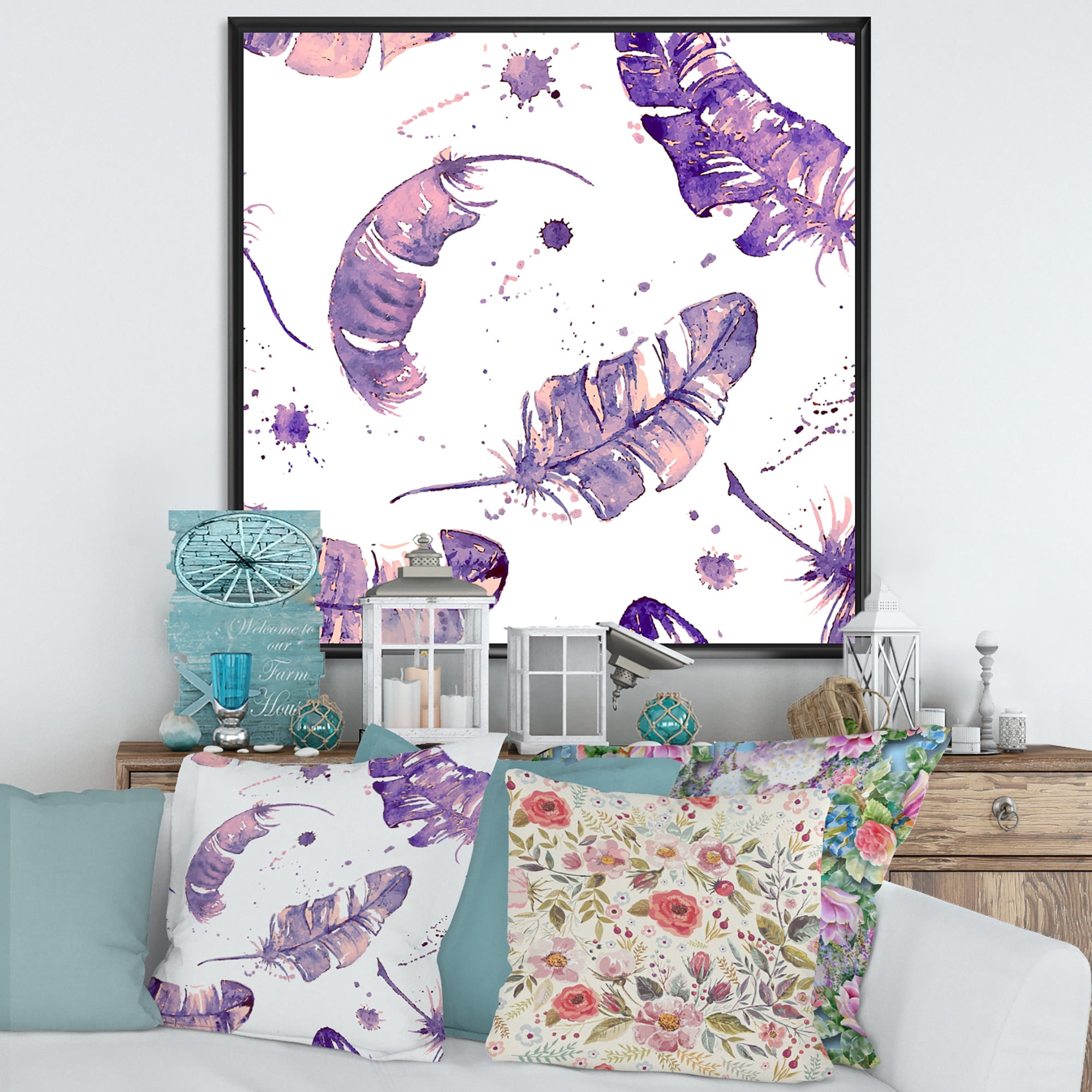 Designart 'Ethnic Purple Feathers Composition' Bohemian & Eclectic Framed Canvas Wall Art Print