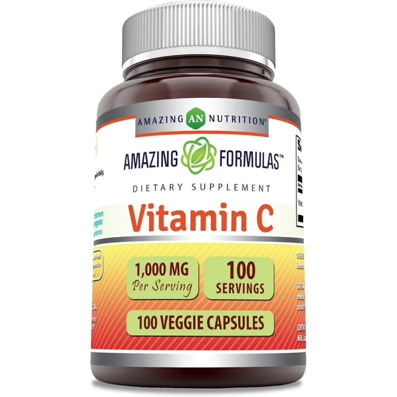 Amazing Formulas Vitamin C 1000 Mg Per Serving 100 Veggie Capsules Supplement | 100 Servings | Non-GMO | Gluten Free | Ideal for Vegetarians