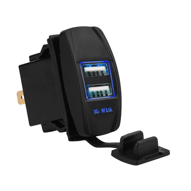 Adaptador de corriente para cargador de coche con dos puertos USB impermeables de 12-24V 3.1A con LED azul Jadeshay A