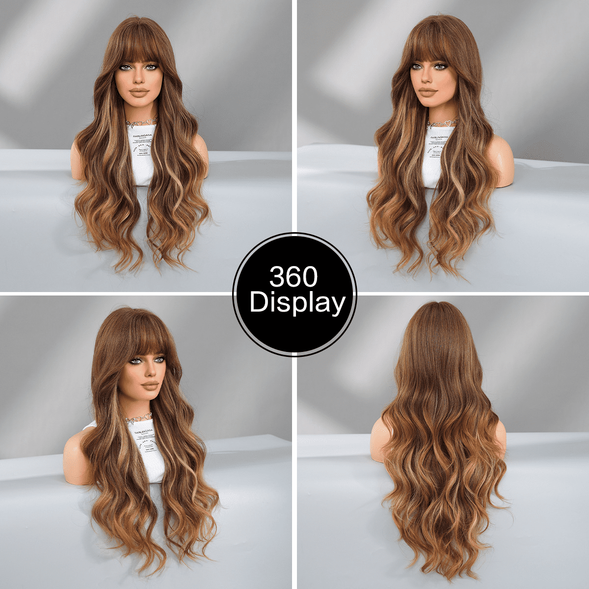 PEAKIN Fashion Wig 30 inch Women Gold Brown Long Curly Hair Big Waves with Bangs Headpiece Wavy Wigs
