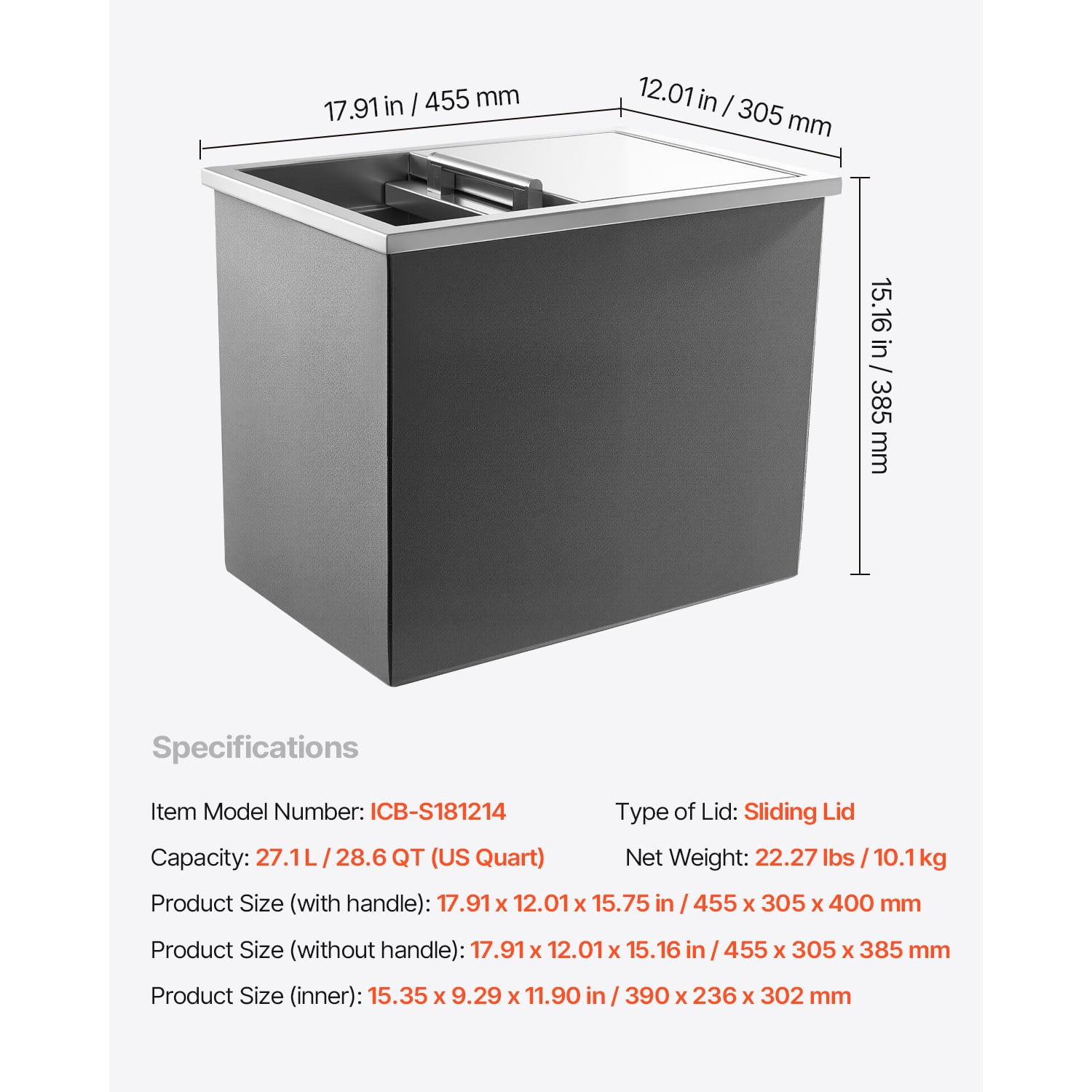KFFKFF Stainless Steel Drop-in Ice Chest, 18"L x 12"W x 15"H, 28.6 Quart Cooler with Sliding Lid, Ideal for Outdoor Kitchens, Patios, and Bars, Includes Drain Pipe for Chilling Beverages