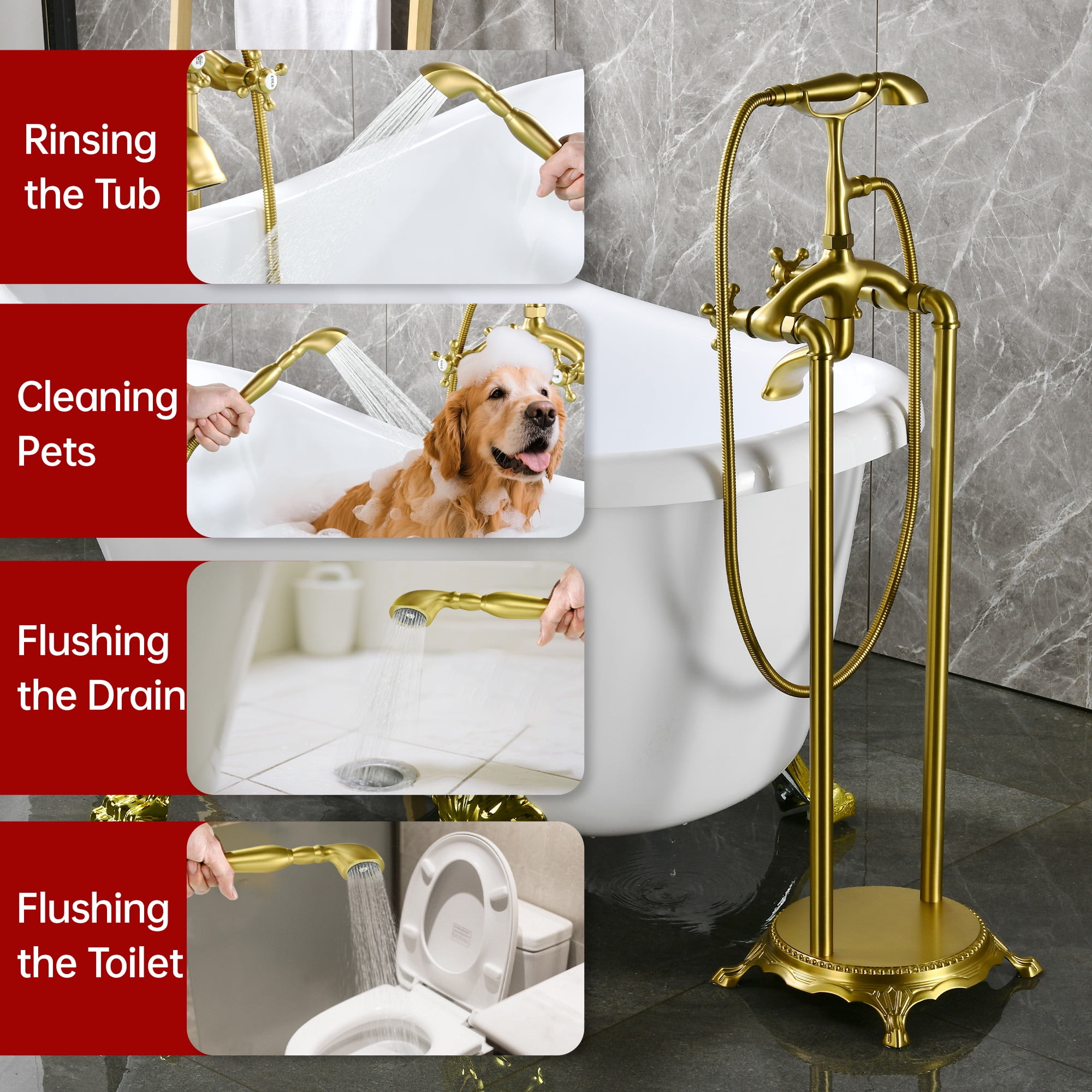 SUMERAIN Brushed Gold Freestanding Bathtub Faucet with Handheld Shower, High-Flow Waterfall Floor Mount Tub Filler, Solid Brass