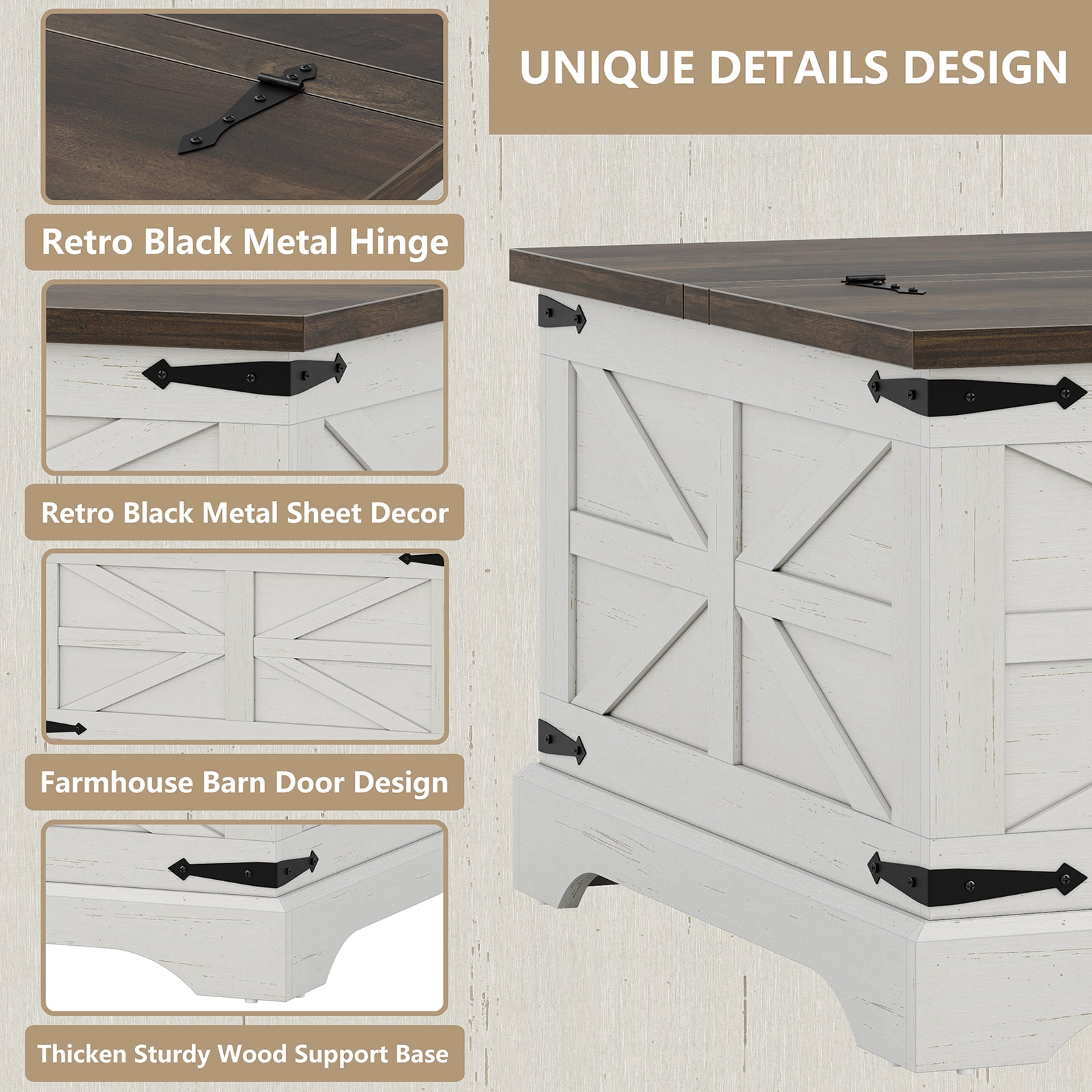 Furnihold Farmhouse Lift Top Coffee Table, Square Wood Center Table with Large Hidden Storage Compartment for Living Room, Rustic Cocktail White Modern Table with Hinged Lift Top, Brown Top