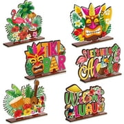 Juexica 6 Pcs CORNET Luau Party Signs Tiki Table Hawaiian Decor Wooden Aloha Luau Decorations Tropical Hawaii Decor for Housewarming Tiki Bar Birthday Welcome Baby Shower Party Supplies