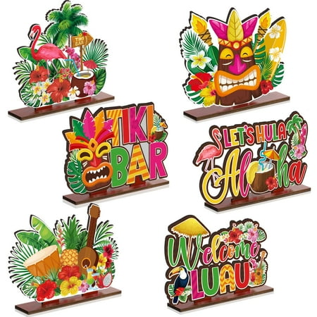 Juexica 6 Pcs CORNET Luau Party Signs Tiki Table Hawaiian Decor Wooden Aloha Luau Decorations Tropical Hawaii Decor for Housewarming Tiki Bar Birthday Welcome Baby Shower Party Supplies