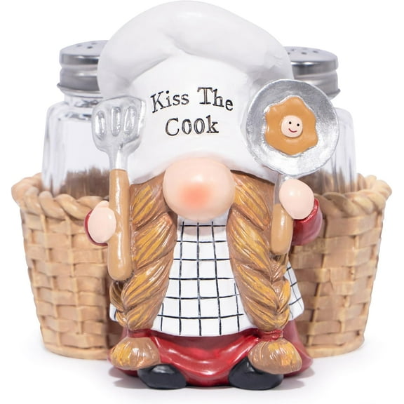 Chef Gnomes With Salt and Pepper Shaker Figurines - Kitchen Decor Set With Holder for Dining Table - Home Gifts for Mom (Red)