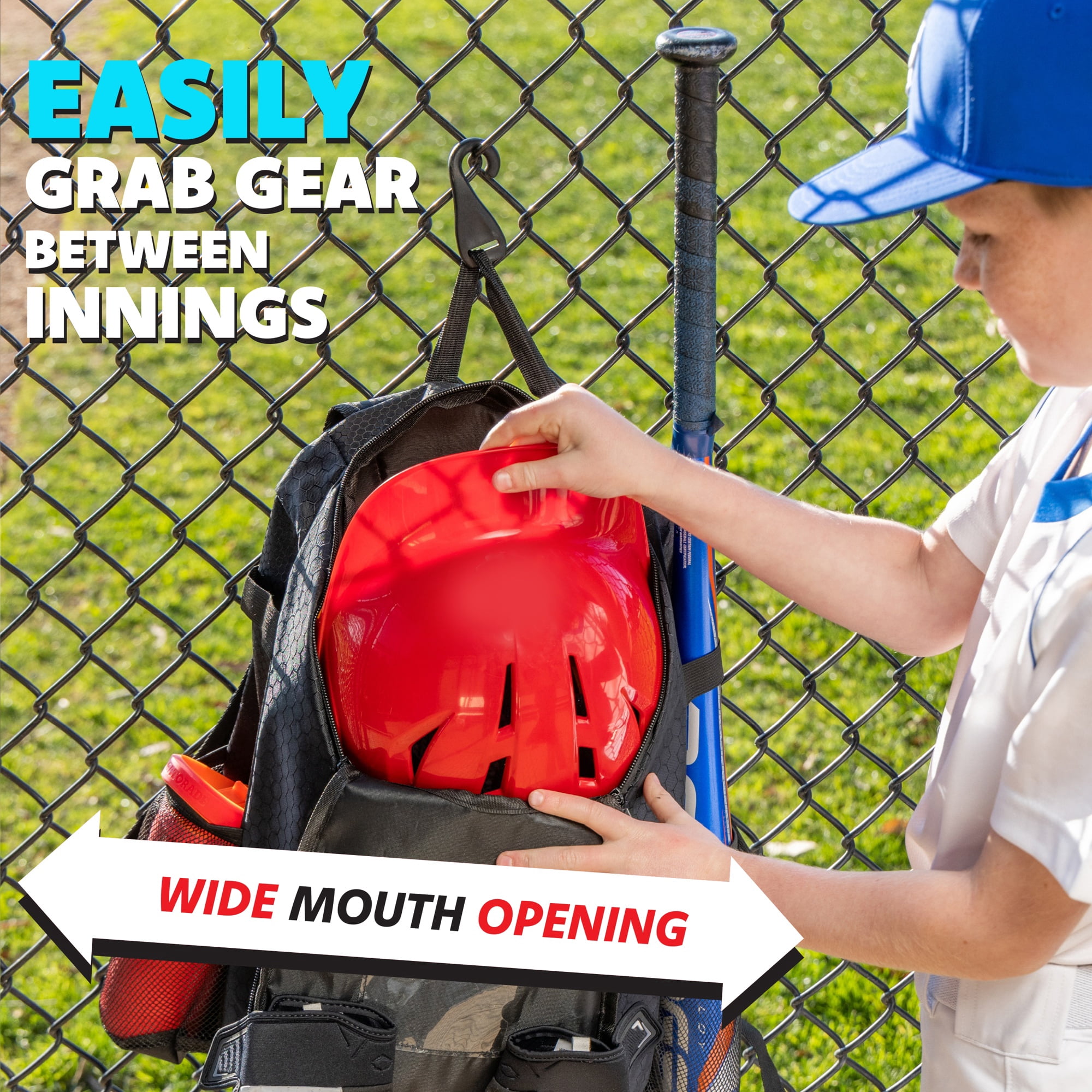 GoSports Youth Baseball and Softball Kids Backpack Bag with Customizable Charm Panel