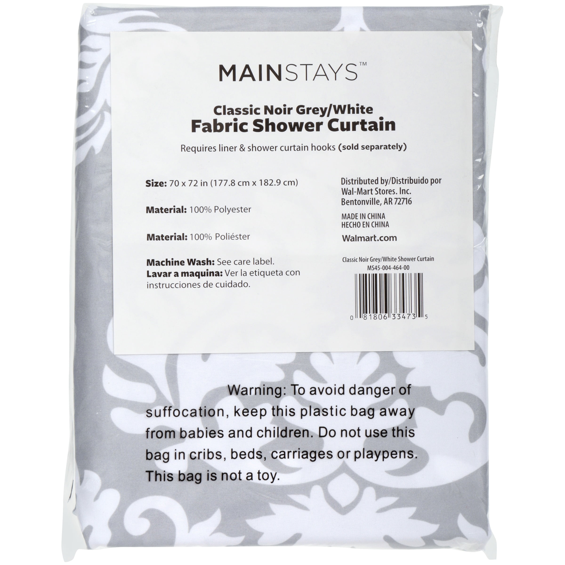 Mainstays Classic Noir Fabric Shower Curtain grey/white 