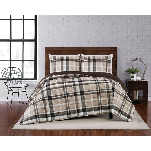 Truly Soft Paulette Plaid 100% Microfiber Polyester  3 Piece Full/Queen Quilt Set in Taupe, All Season, Adult Size, OEKO-TEX Certified