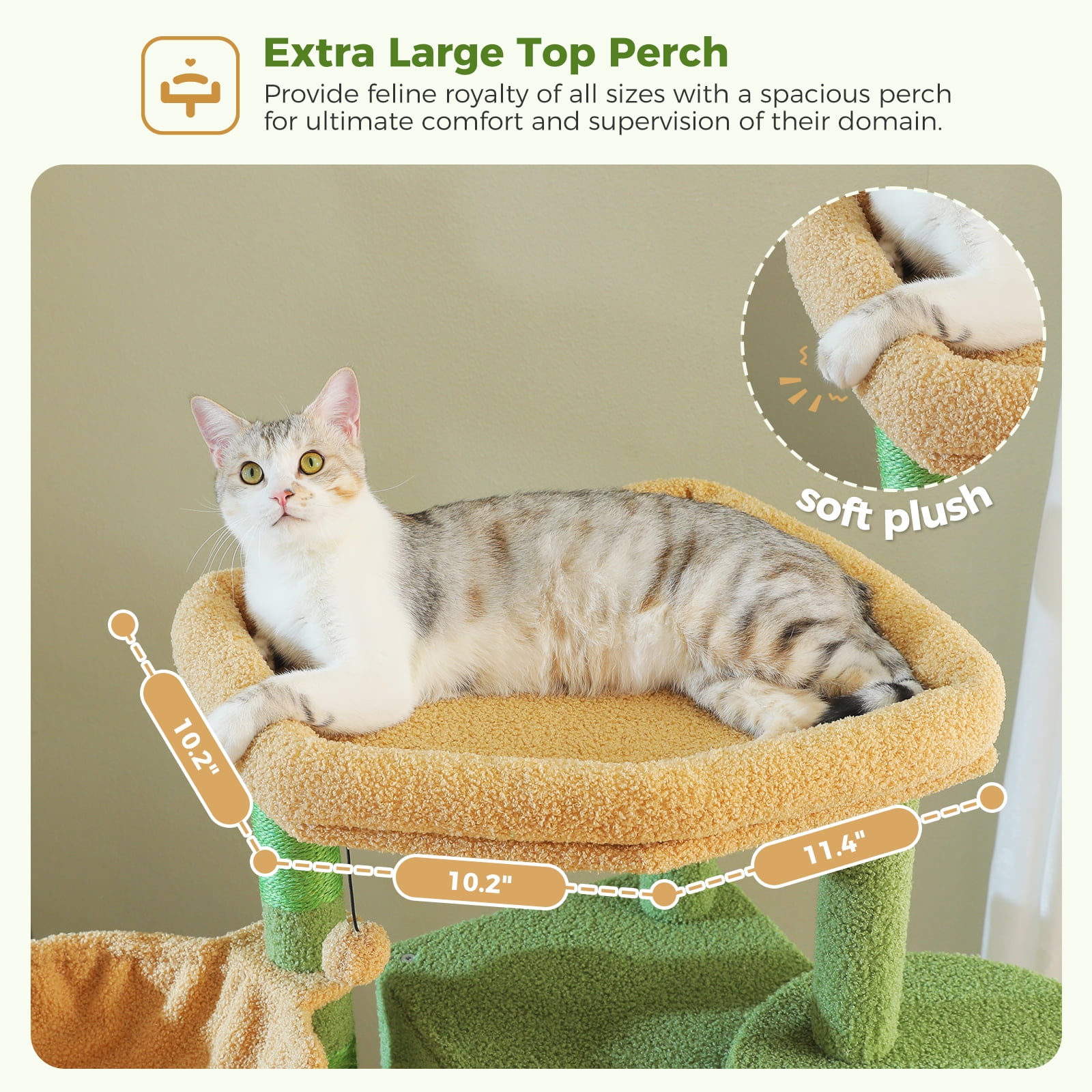 Pefilos 70" Tall Cat Tree Tower with Hammock, 5 Scratching Posts, 2 Condos and a Large Top Perches for Large Cats, Green