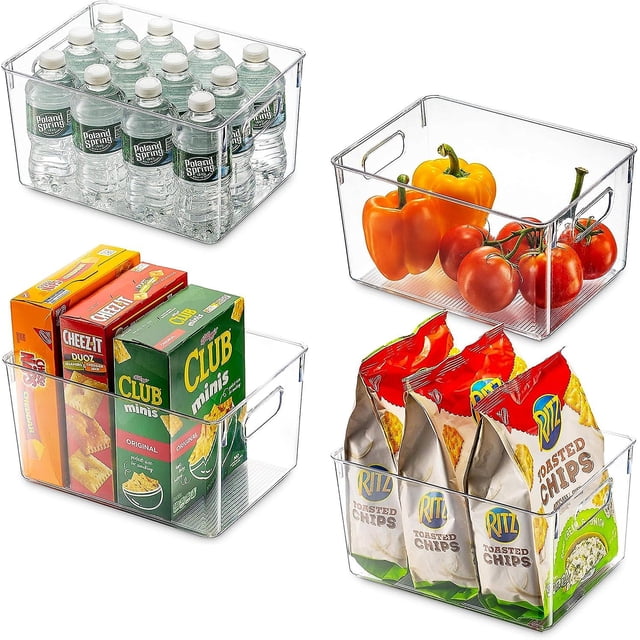 Contenedores organizadores de despensa transparentes, cesta de almacenamiento de alimentos de plástico para el hogar con asas recortadas para cocina, encimeras, gabinetes, refrigerador, cong