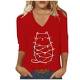 thumbnail image 2 of Blouse for Women Christmas Print 3/4 Sleeve V-neck T-shirt Loose Three Quarter Sleeve Top,Tops for Women Red L, 2 of 5