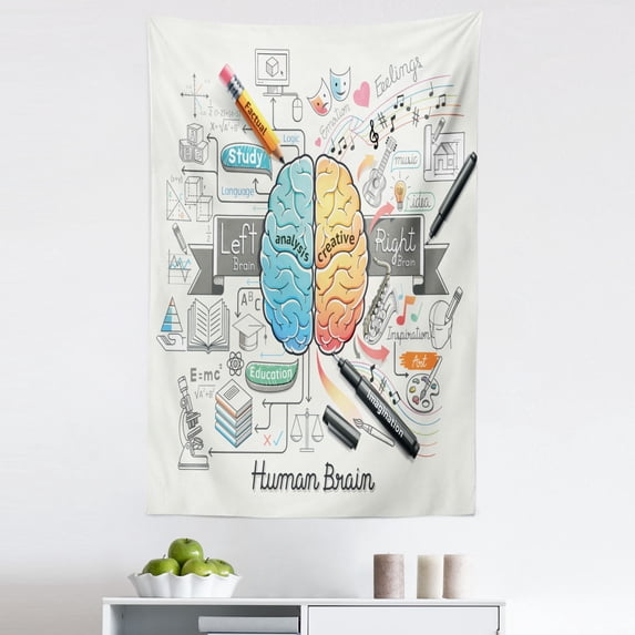 Science Tapestry, 2 Sides of Human Brian Analitical Imaginitive Art Educaion Abilities, Fabric Wall Hanging Decor for Bedroom Living Room Dorm, 5 Sizes, Marigold Turquoise Grey, by Ambesonne