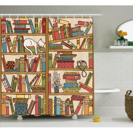 Book Shower - Cat Lover Decor Shower Curtain Set, Nerd Book Lover Kitty Sleeping Over Bookshelf In Library Academics Feline Cosy Boho Design, Bathroom Accessories, 69W X 70L Inches, By Ambesonne