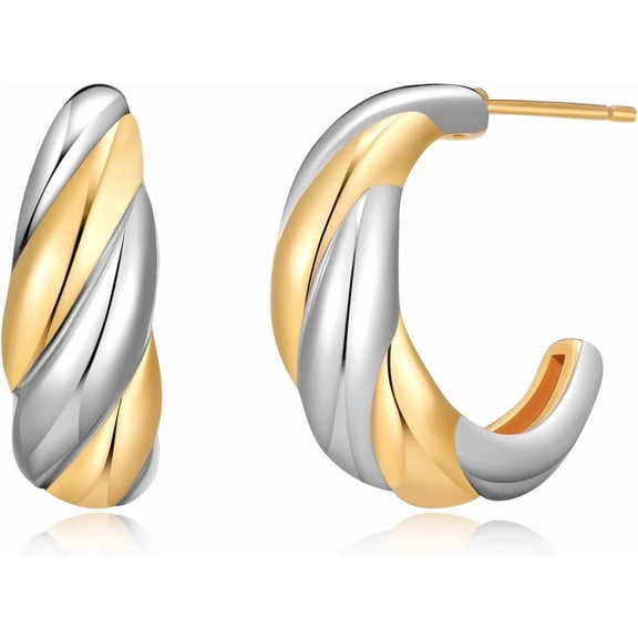 Gold and Silver Hoop Earrings Two Tone Mixed Metal Earrings Chunky C Shape Jewelry Gifts for Women