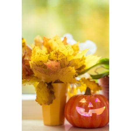- Canvas Print Leaves Yellow Pumpkin Halloween Bouquet Orange Stretched Canvas 10 x 14