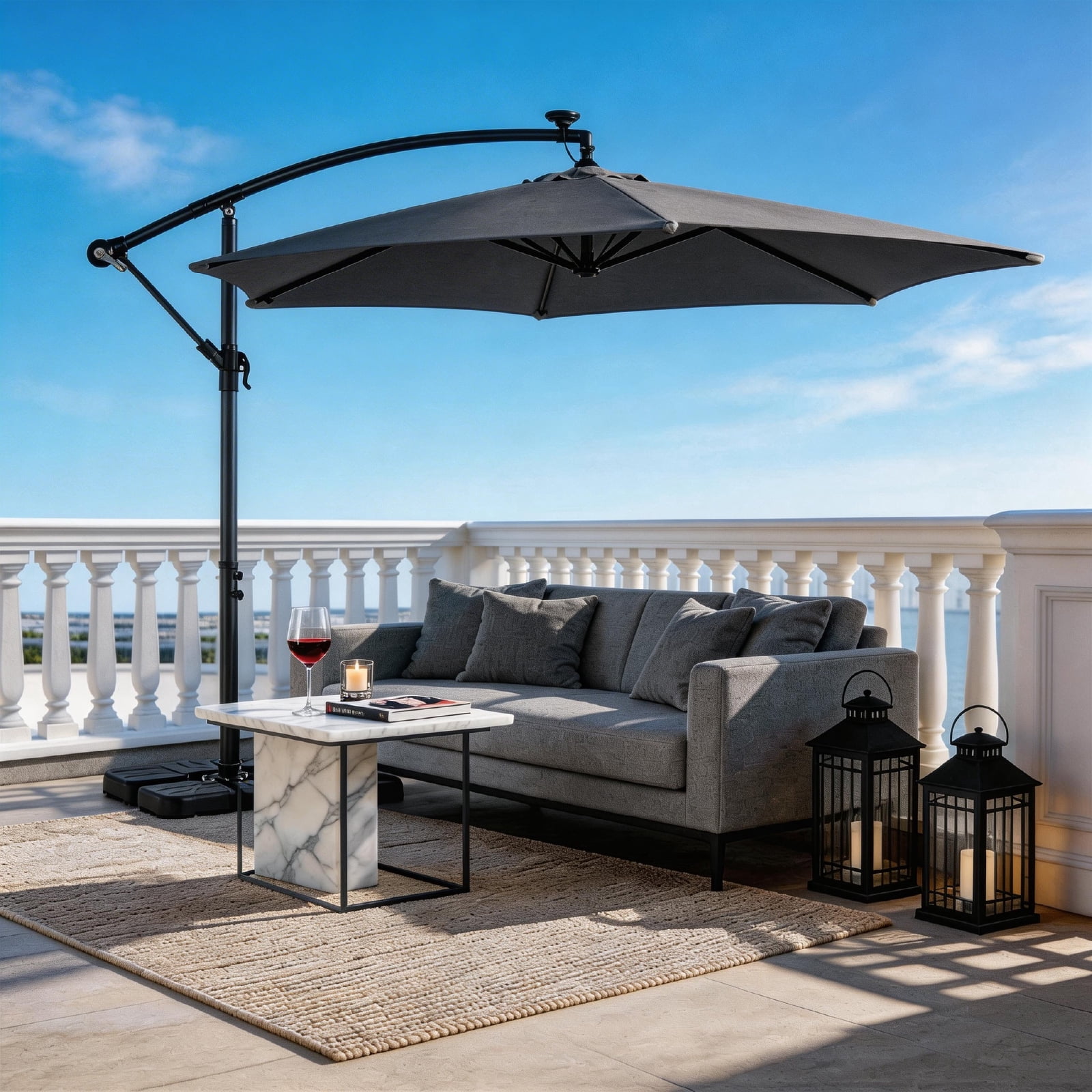 UBesGoo 10 Feet Solar LED Offset Cantilever Hanging Market Patio Umbrella,Easy Crank & Tilt Adjustment, for Garden Deck Pool Patio,Gray