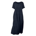 thumbnail image 5 of FRSASU Robe en Coton et Lin Femme à Manches Courtes Col Rond Robe Maxi Bohème Décontractée Été Modeste Longue Fluide Plage Vacances Robes Bleu Marine G(L), 5 of 5