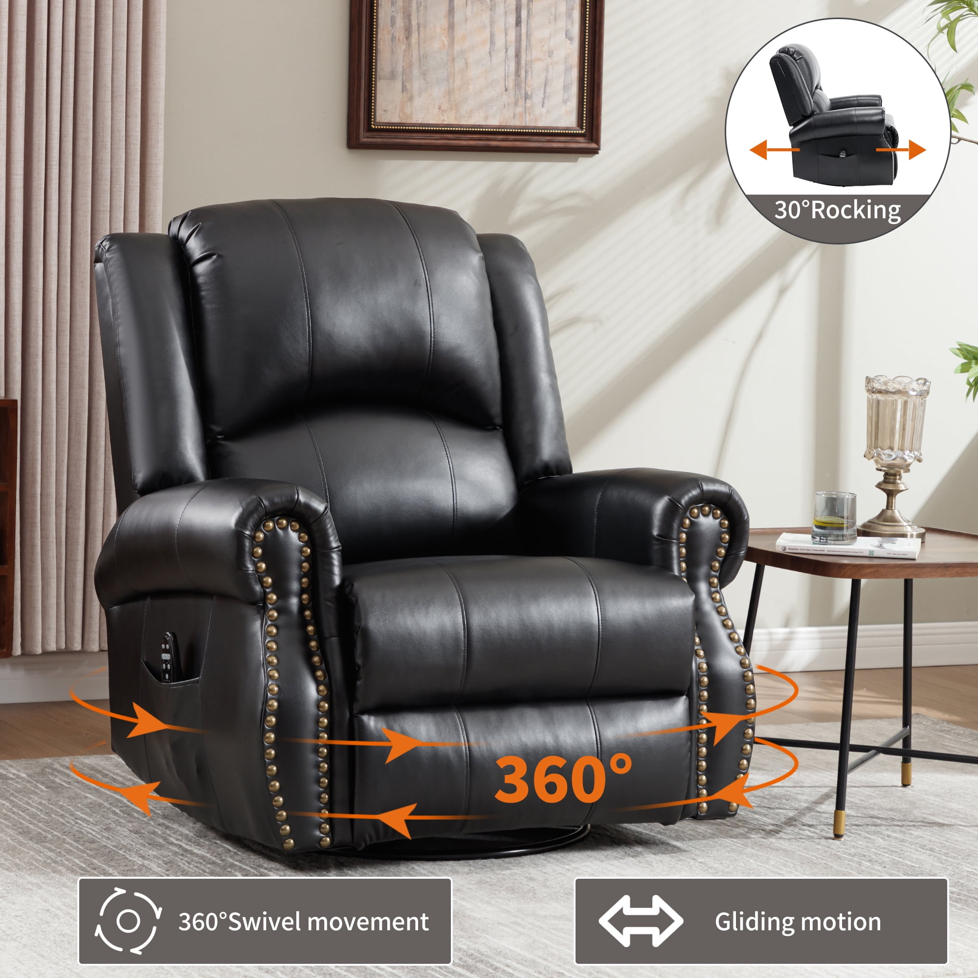 Leumius Oversized Swivel Recliner Chair for Adults,Swivel Rocker Recliner with Vibration Massage and Lumbar Heating for Living Room,Rivet Design,Black