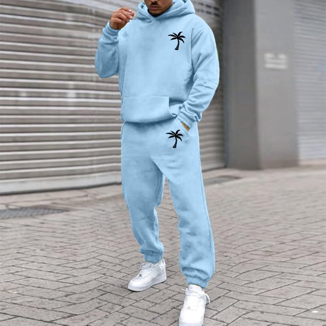 Men's Suits Product Title for Men Casual Solid Two Piece Hooded Sports Set with Raglan Sleeve Drawstring Pant Set