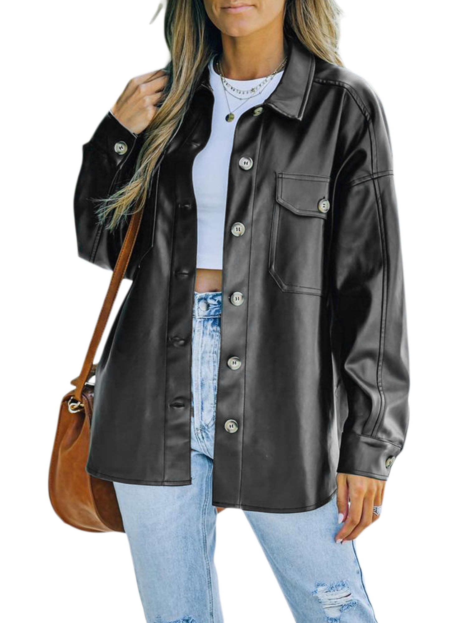 Women's Faux PU Leather Shirt Jackets 