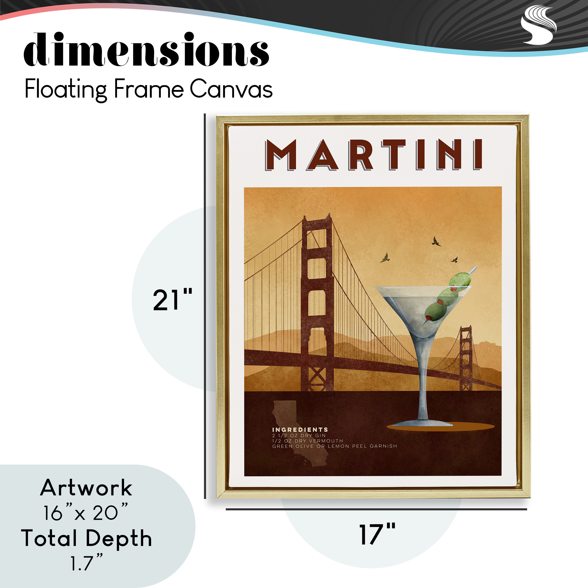Retro Martini & Bridge View Gold Framed Floater Canvas Wall Art, design by Brett Blumenthal