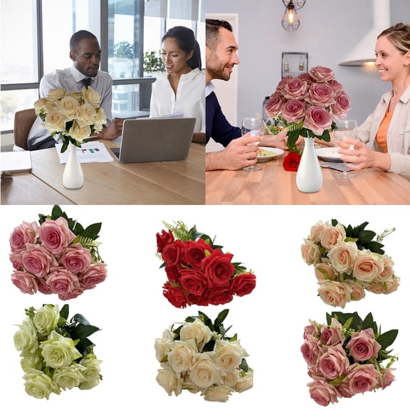 Fake Flowers Clearance! Ground Cloth 12 Head Gold Wire Angle Rose Home Decoration Ornaments Flower Hotel Table Placement Simulation Rose Bouquet