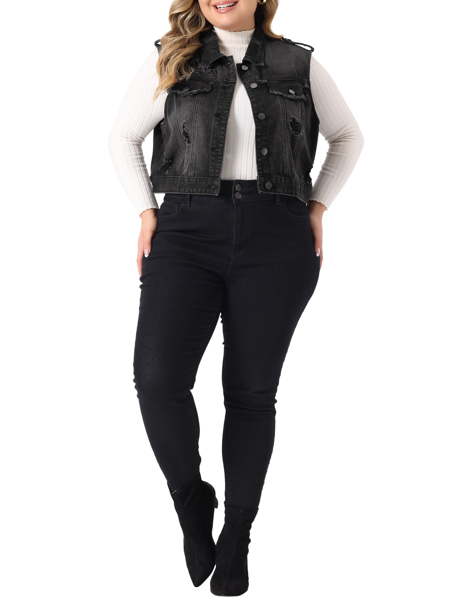Unique Bargains Women's Plus Size Denim Sleeveless Chest Pockets Vests Jacket 2X Black