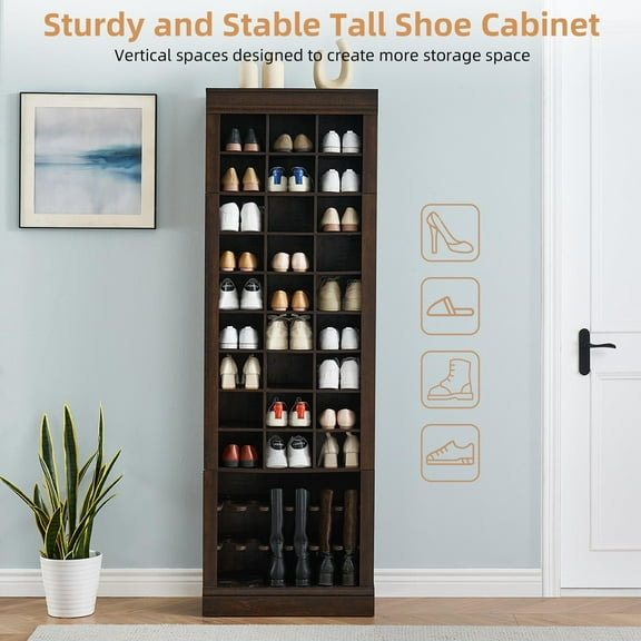 TROPOW Shoe Storage Cabinet,10-Tier Entryway Shoe Storage Cabinet with 27 Cubbies and Tall Boots Storage, Freestanding Tall Shoe Organizer Cabinet for Entryway, Hallway, Closet, Brown