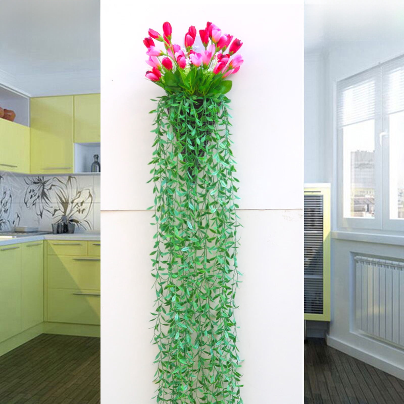 Votnto 9.84×39.37IN Artificial Tulip Hanging Planter, Faux Green Weeping Vine with Tulip Blooms for Wedding Wall Home Decor
