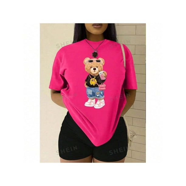 Camiseta Blusa De Manga Corta Con Cuello Redondo Impresa De Oso Para Mujer Color Fucsia Talla Chica Marca Emil SaEs