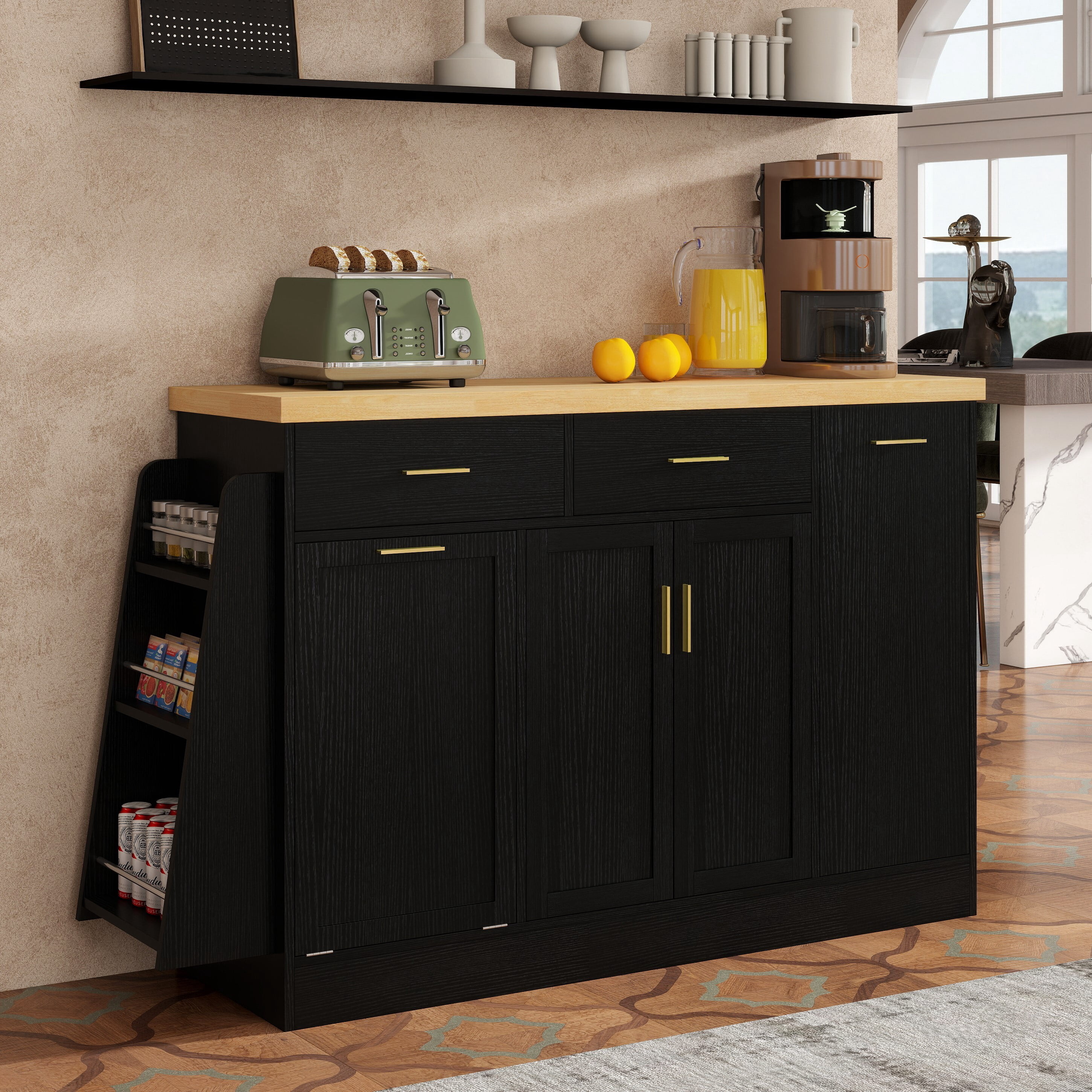 Euroco Farmhouse Buffet Cabinet with Tilt Out Trash Can,48.8" Sideboard Coffee Bar Cabinet with 2 Drawers,Sliding Door Cabinet & 3-Tier Spice Rack,Kitchen Island Table for Kitchen Living Room,Black