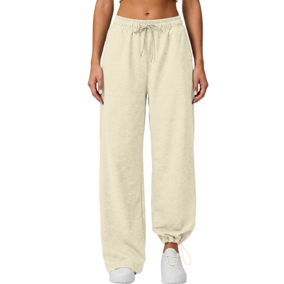 YgkuHd Womens High Waist Sweatpants Drawstring Elastic Tapered Jogger Pants Pockets Casual Sportswear Beige M