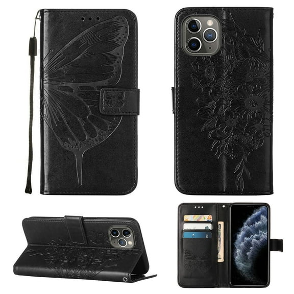 Dteck iPhone 11 Pro Max Case, Butterfly Patterned Wallet Case, Magnetic Hand Strap Credit Card Holder Slots Synthetic Leather Kickstand Protective Cover For iPhone 11 Pro Max, Black