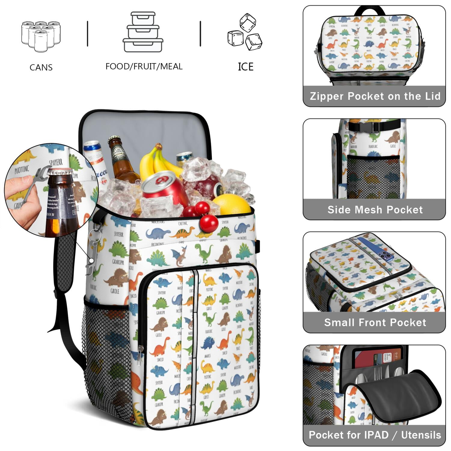 Travel Cooler Bag - White Dinosaurs Random Words Camping Beer Cooler Backpack with Bottle Opener- Waterproof Insulated Picnic Backpacks - Cooler Bag for Beach
