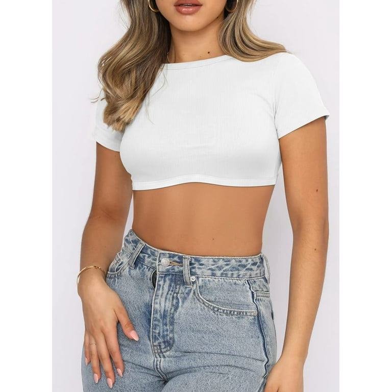 4 Pack Women's Basic Tight Short Sleeve Women Cute Trendy Crop Tops Scoop  Neck Crop for Women or Teen Girls