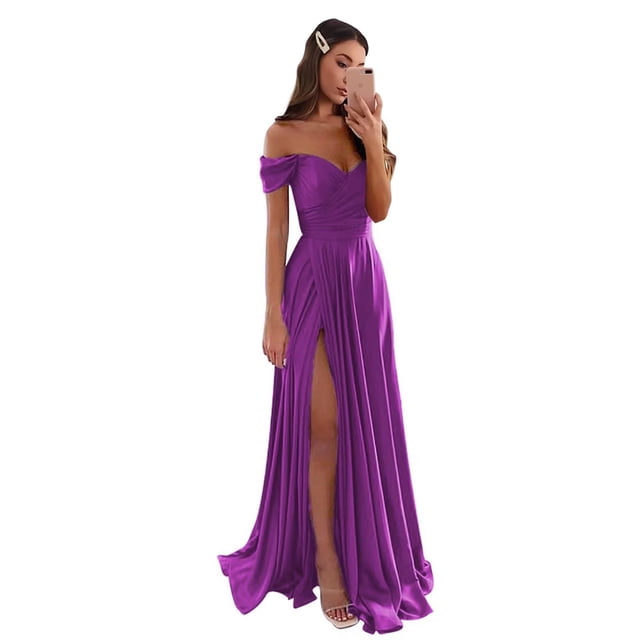 Vestido de dama de honor GODCUN satinado morado con hombros descubiertos y cuello en V