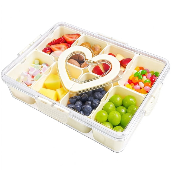 GARITIN Snackle Box Container, Plastic Divided Serving Tray with Lid and Handle, 8 Compartment Portable Snack Platters for Fruit Candy Nuts Veggie