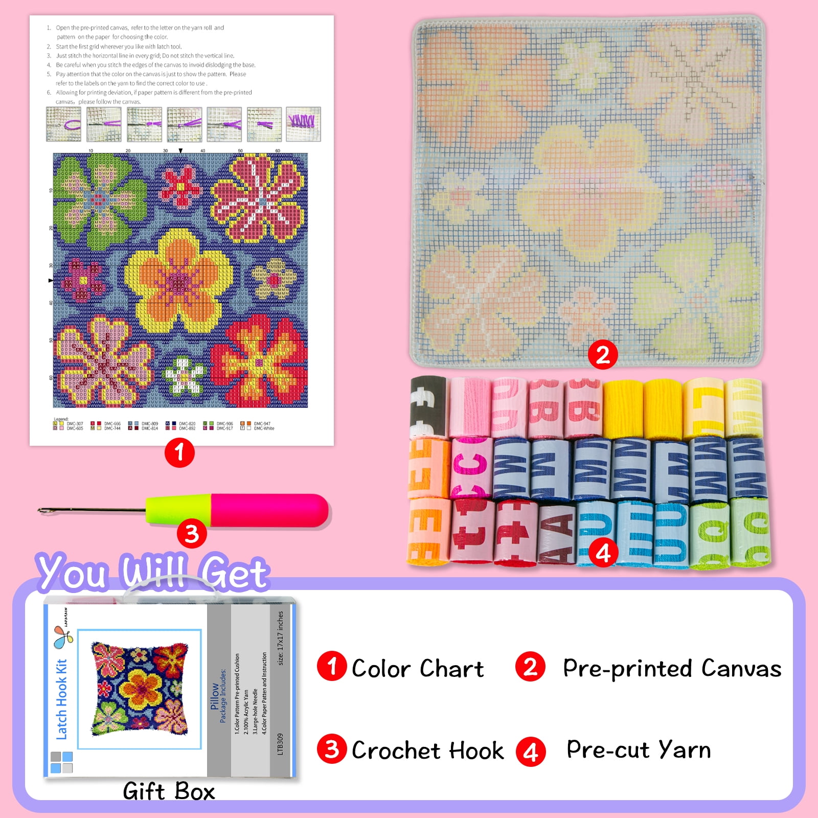 Latch Hook Kits for Adults Kids,Christmas Candy Pattern Color Printed Canvas DIY Throw Pillow Cover,Beginners Handmade Needlework Crafts Home Decoration 17x17inch