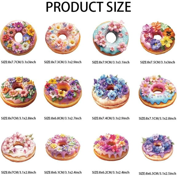 12 Pcs Donut Theme Heat Transfer Film Logo Stickers Set 12 Styles Floral Doughnut Heat Transfer Stickers Iron on Decals for T-Shirts Patches Bags Hats DIY Crafts