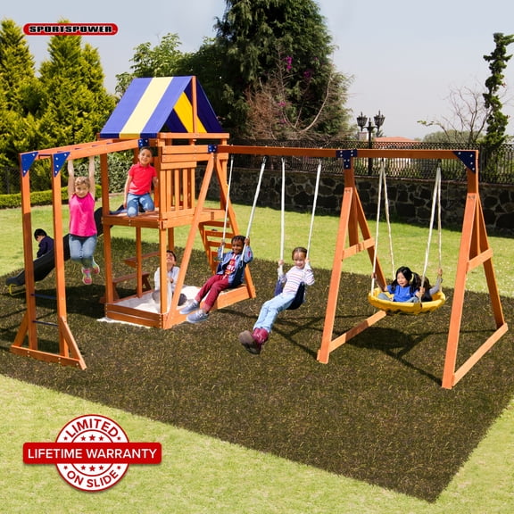 Sportspower Grand Mesa Wooden Swing Set with 8' Slide, Saucer Swing, Monkey Bars, Fort, Rock Climber, & Sandbox – For Ages 3–10