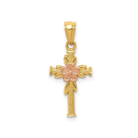 14k Yellow Gold Two Tone Latin Cross Pendant Necklace with Rose Flower Center for Men and Women Religious Spiritual Jewelry for Everyday Wear