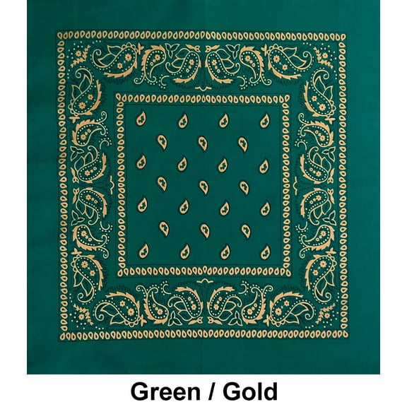 Green with Gold Accent Paisley Print Designs Cotton Bandana (22 inches x 22 inches)