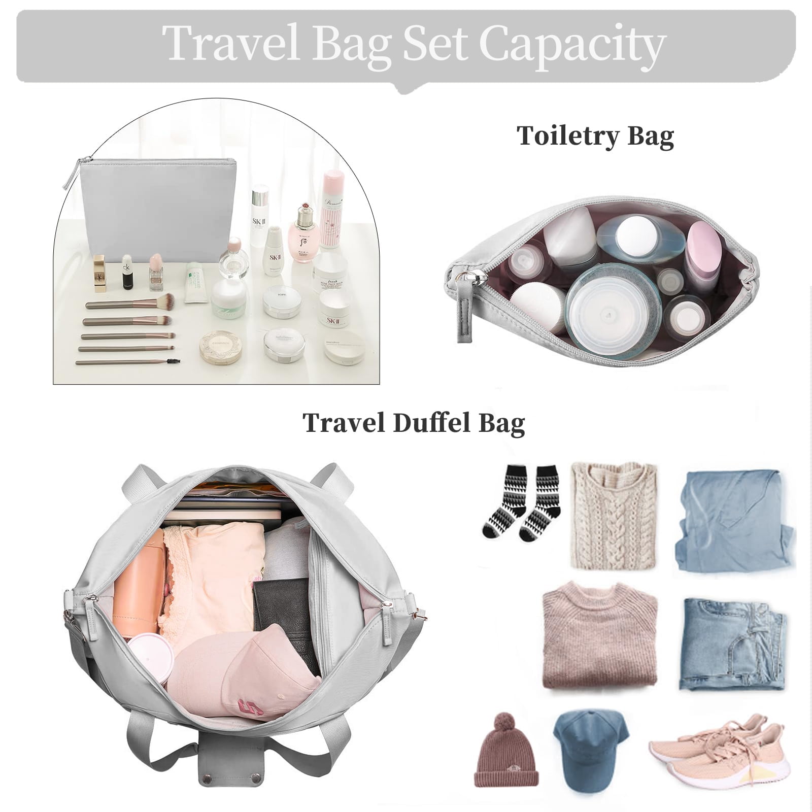 DAKIMOE Travel Duffel Bag for Women Gym Bag with USB Charging Port Large Weekender Overnight Bag Yoga Duffle Bags with Wet Pocket and Shoes Compartment, Gray