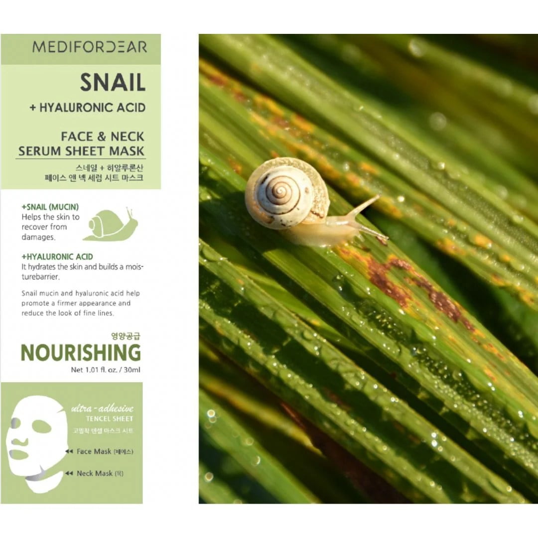 10pc Set MEDI FOR DEAR Snail and Hyaluronic Acid Face and Neck Mask | Korean Beauty Sheet Mask | Hydrating & Repairing