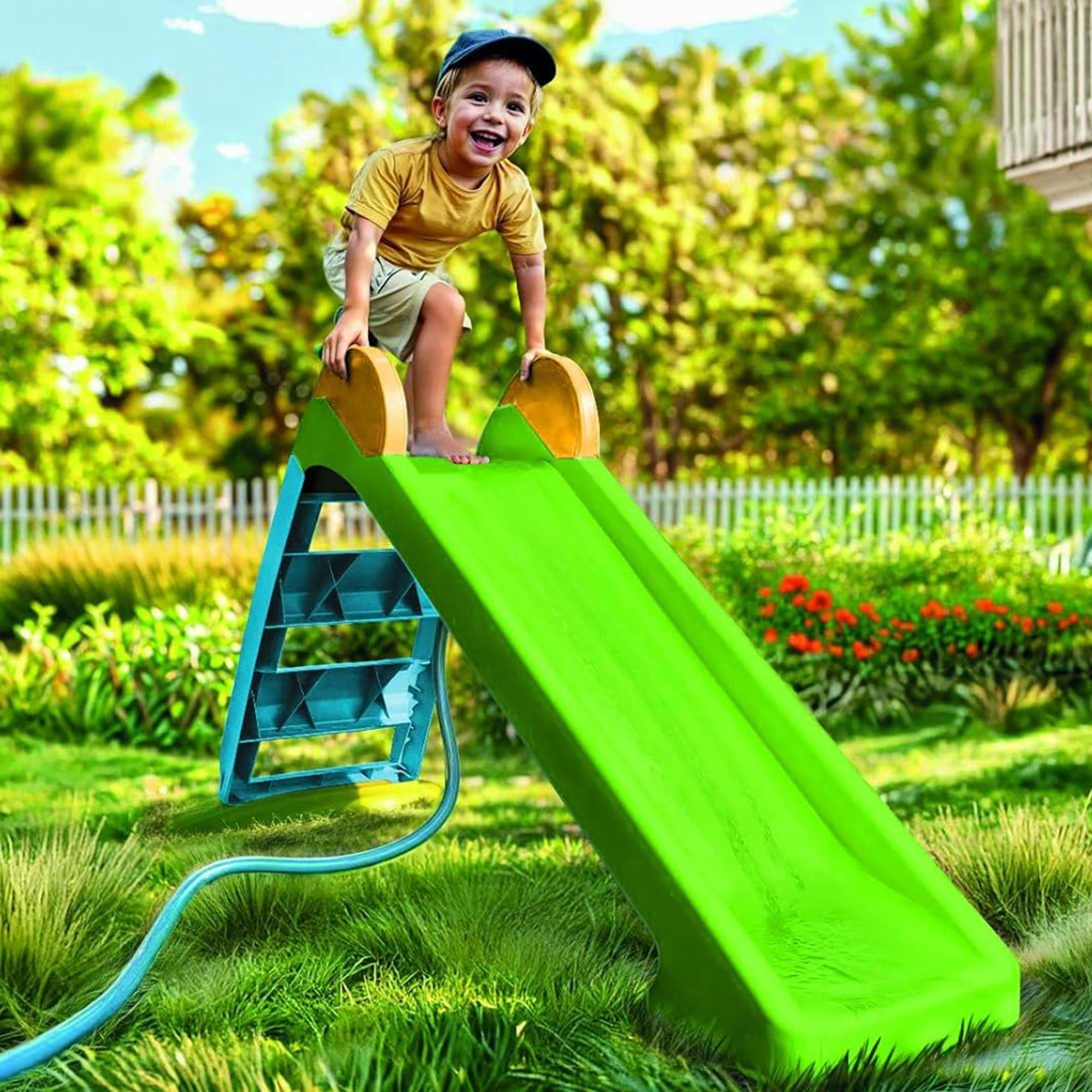 Dolu: My First Garden Slide: Yellow-Green-Blue - Waterslide Hose Attachment, Indoor/Outdoor, Plastic, 52.4 x 17.7 x 28.4", Toddler & Kids Ages 2+