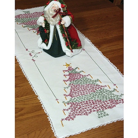 Fairway Needlecraft Christmas Tree Stamped Perle Edge Dresser Scarf, 15" x 42