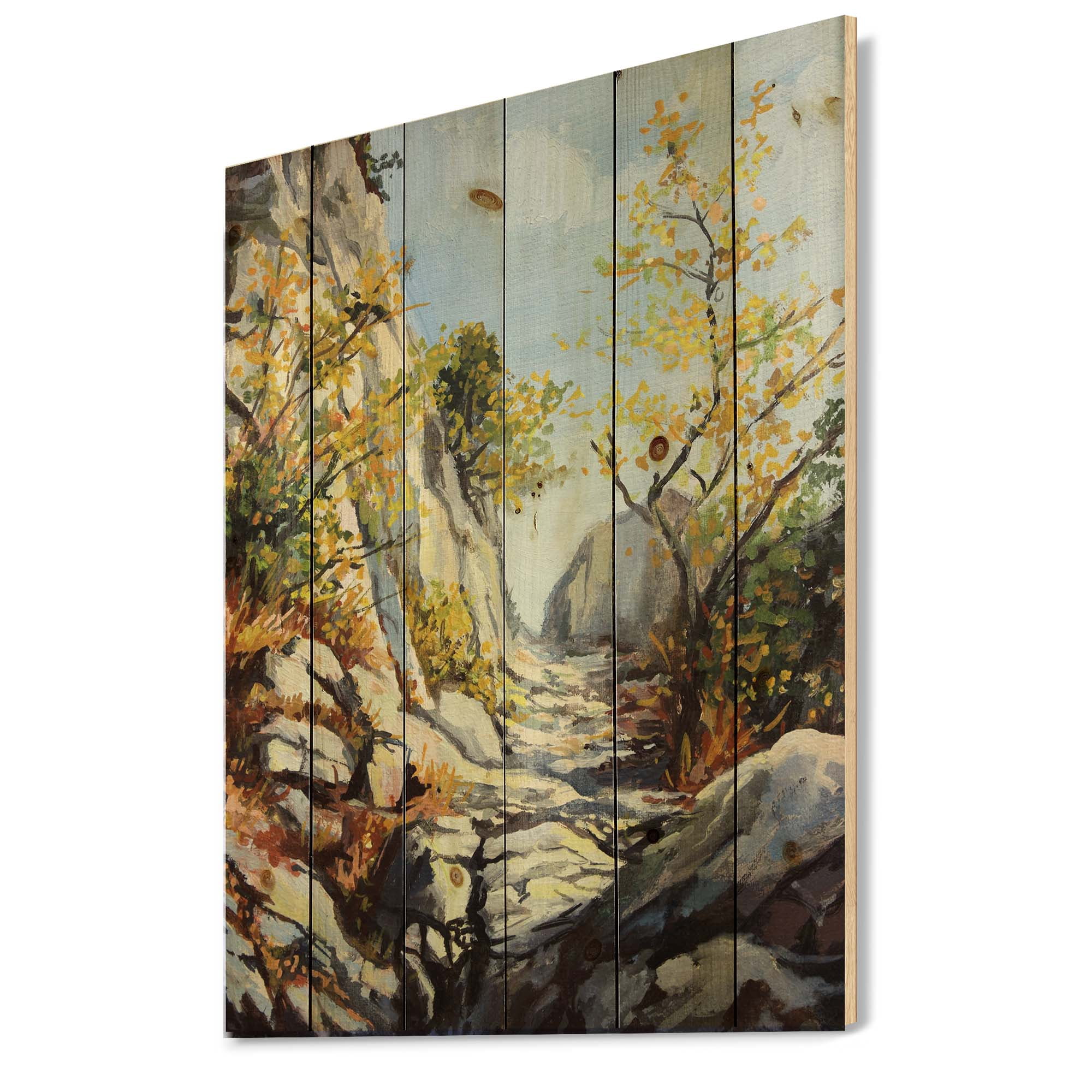 Designart 'Marble Path In Autumn Mountain' Traditional Print on Natural Pine Wood